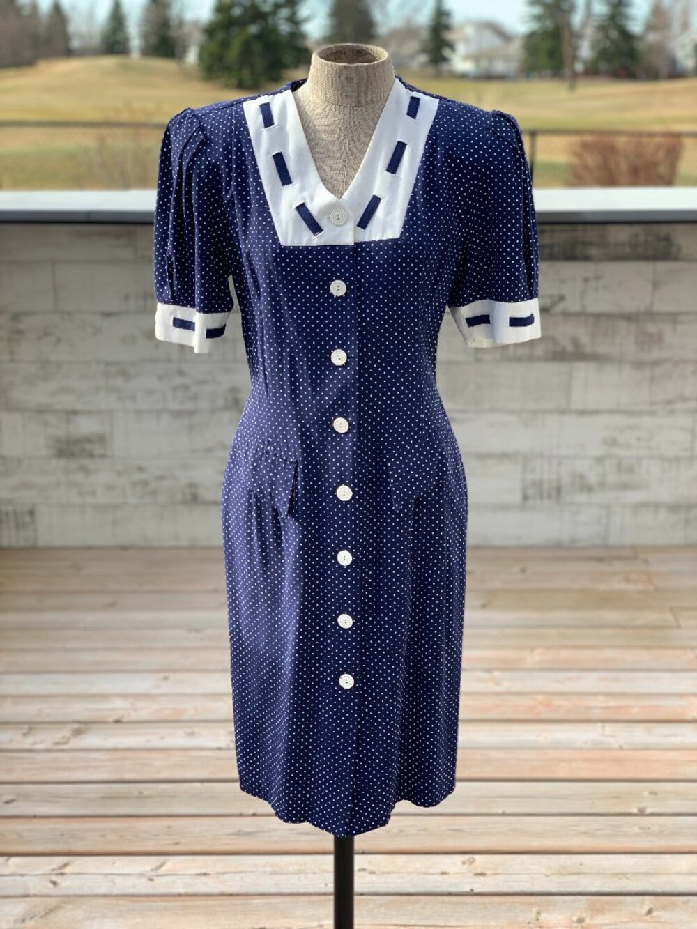 Vintage Polka Dot Shirtwaist Dress S/M Navy White Button Modest Rockabilly Pinup